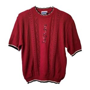 Cape‎ Cod Sportswear XL Sweater Short Sleeve Floral Embroidery 90s Vintage